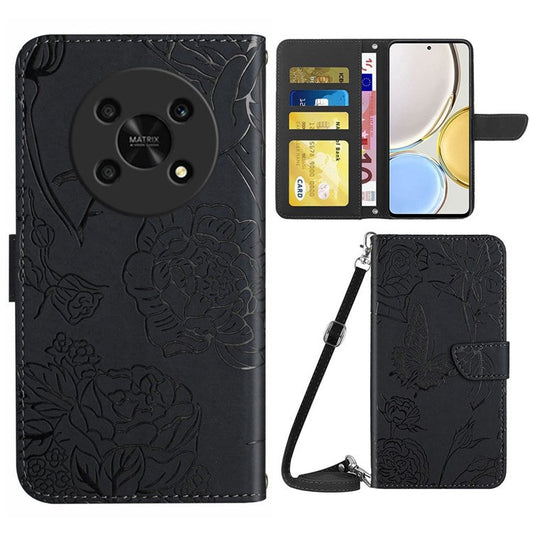 For Honor Magic4 Lite 5G Stand Wallet Case Imprinting Butterfly Flowers Skin-touch PU Leather Phone Cover with Shoulder Strap - Black