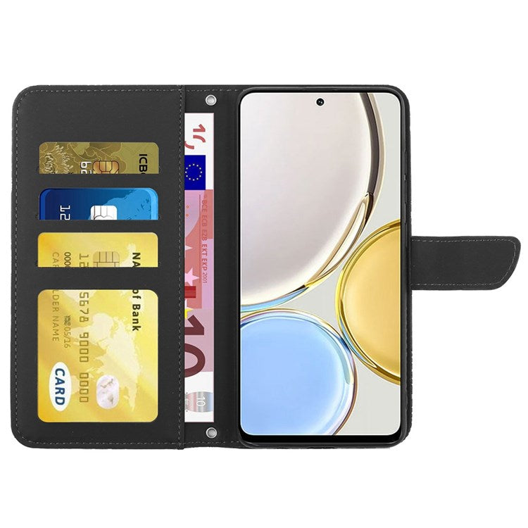 For Honor Magic4 Lite 5G Stand Wallet Case Imprinting Butterfly Flowers Skin-touch PU Leather Phone Cover with Shoulder Strap - Black