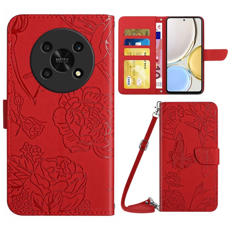 For Honor Magic4 Lite 5G Stand Wallet Case Imprinting Butterfly Flowers Skin-touch PU Leather Phone Cover with Shoulder Strap - Red