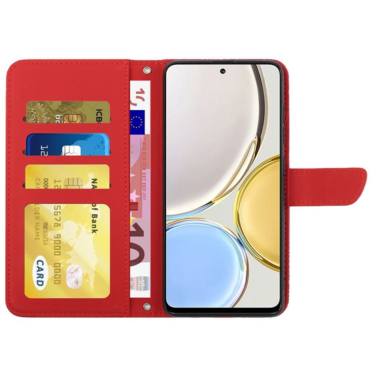 For Honor Magic4 Lite 5G Stand Wallet Case Imprinting Butterfly Flowers Skin-touch PU Leather Phone Cover with Shoulder Strap - Red