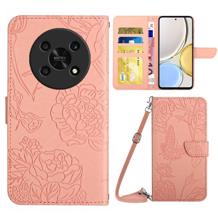 For Honor Magic4 Lite 5G Stand Wallet Case Imprinting Butterfly Flowers Skin-touch PU Leather Phone Cover with Shoulder Strap - Pink