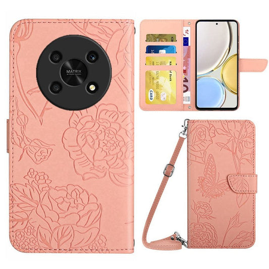 For Honor Magic4 Lite 5G Stand Wallet Case Imprinting Butterfly Flowers Skin-touch PU Leather Phone Cover with Shoulder Strap - Pink
