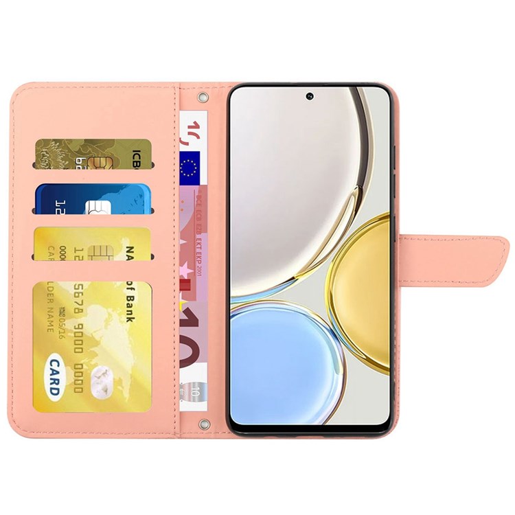 For Honor Magic4 Lite 5G Stand Wallet Case Imprinting Butterfly Flowers Skin-touch PU Leather Phone Cover with Shoulder Strap - Pink