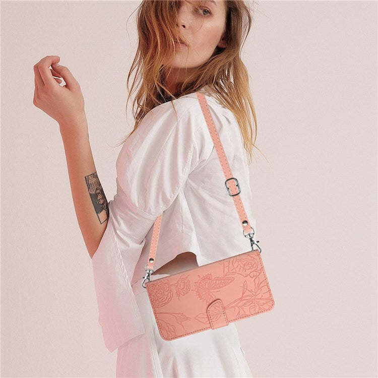 For Honor Magic4 Lite 5G Stand Wallet Case Imprinting Butterfly Flowers Skin-touch PU Leather Phone Cover with Shoulder Strap - Pink