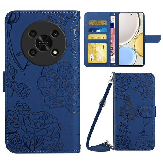 For Honor Magic4 Lite 5G Stand Wallet Case Imprinting Butterfly Flowers Skin-touch PU Leather Phone Cover with Shoulder Strap - Blue