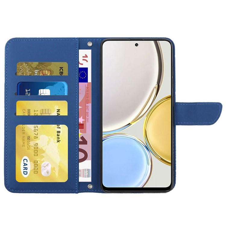 For Honor Magic4 Lite 5G Stand Wallet Case Imprinting Butterfly Flowers Skin-touch PU Leather Phone Cover with Shoulder Strap - Blue
