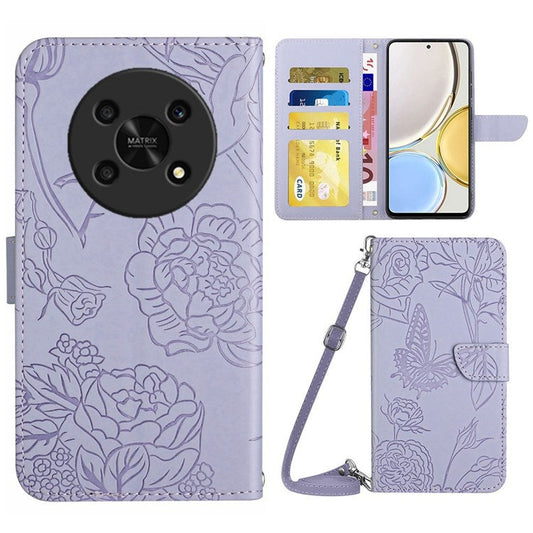 For Honor Magic4 Lite 5G Stand Wallet Case Imprinting Butterfly Flowers Skin-touch PU Leather Phone Cover with Shoulder Strap - Light Purple