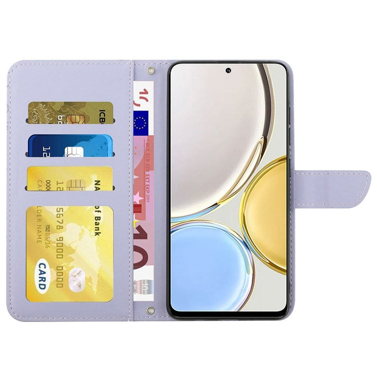 For Honor Magic4 Lite 5G Stand Wallet Case Imprinting Butterfly Flowers Skin-touch PU Leather Phone Cover with Shoulder Strap - Light Purple