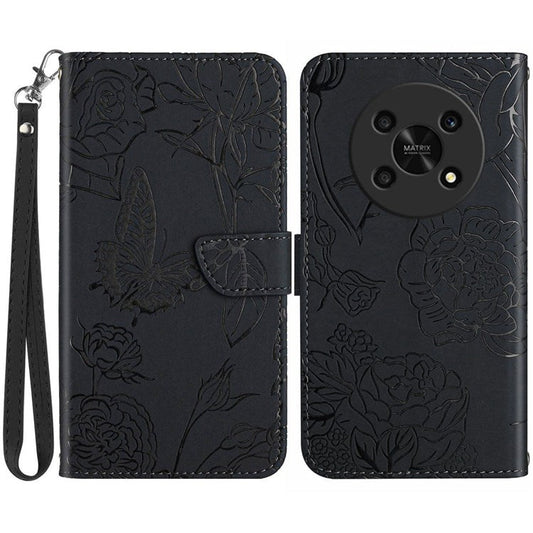 Butterfly Flowers Imprinting PU Leather Phone Shell for Honor Magic4 Lite 5G, Folio Flip Wallet Stand Design Skin Touch Leather Phone Case with Handy Strap - Black