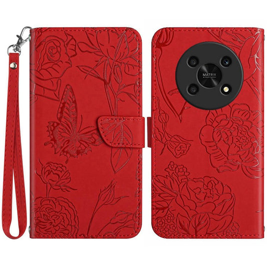 Butterfly Flowers Imprinting PU Leather Phone Shell for Honor Magic4 Lite 5G, Folio Flip Wallet Stand Design Skin Touch Leather Phone Case with Handy Strap - Red