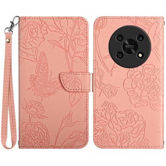 Butterfly Flowers Imprinting PU Leather Phone Shell for Honor Magic4 Lite 5G, Folio Flip Wallet Stand Design Skin Touch Leather Phone Case with Handy Strap - Pink