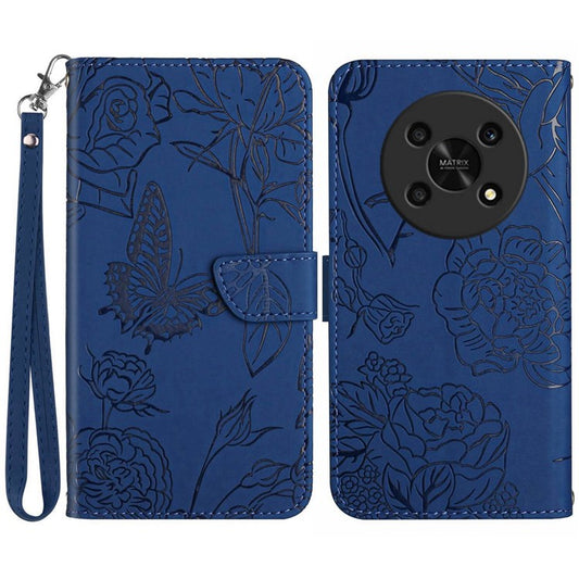 Butterfly Flowers Imprinting PU Leather Phone Shell for Honor Magic4 Lite 5G, Folio Flip Wallet Stand Design Skin Touch Leather Phone Case with Handy Strap - Blue