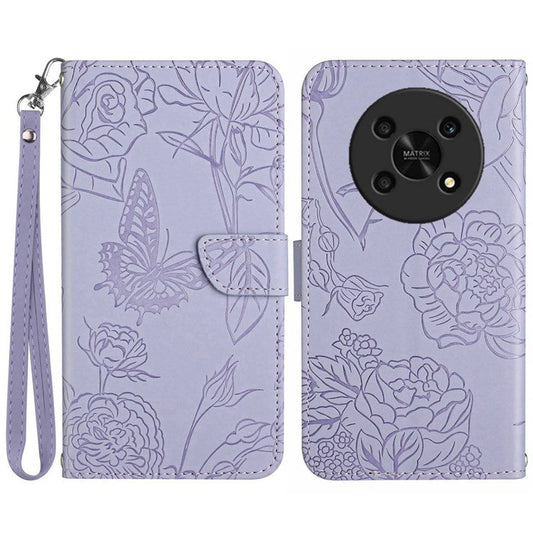 Butterfly Flowers Imprinting PU Leather Phone Shell for Honor Magic4 Lite 5G, Folio Flip Wallet Stand Design Skin Touch Leather Phone Case with Handy Strap - Light Purple