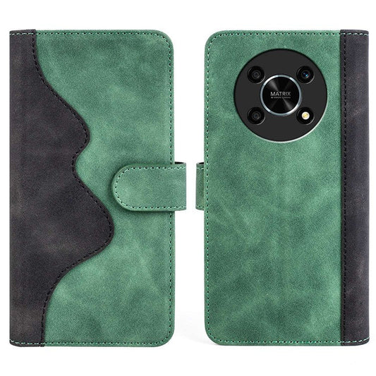 For Honor X30/Magic 4 Lite 5G Color Splicing Design Phone Full-protection Cover PU Leather Stand Wallet Case Shell - Green
