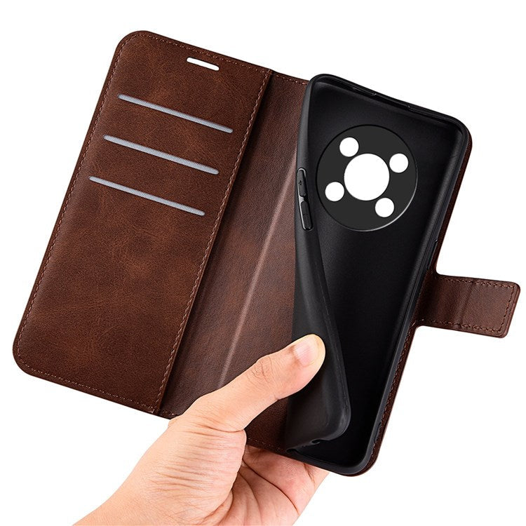Square Magnetic Clasp Folio Flip Mobile Phone Leather Case for Honor X30/Magic4 Lite 5G, Wallet Design Stand Cover - Brown