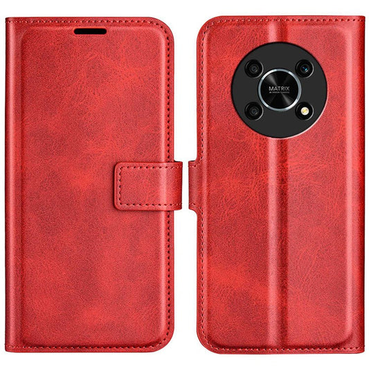 Square Magnetic Clasp Folio Flip Mobile Phone Leather Case for Honor X30/Magic4 Lite 5G, Wallet Design Stand Cover - Red