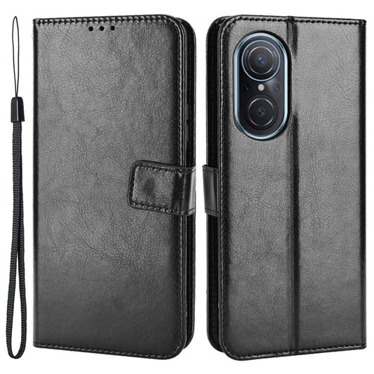 For Honor 50 SE/Huawei nova 9 SE Crazy Horse Texture PU Leather Phone Case Shockproof TPU Wallet Stand Book Style Flip Cover with Strap - Black