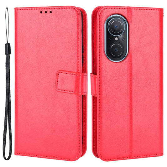 For Honor 50 SE/Huawei nova 9 SE Crazy Horse Texture PU Leather Phone Case Shockproof TPU Wallet Stand Book Style Flip Cover with Strap - Red
