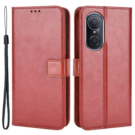 For Honor 50 SE/Huawei nova 9 SE Crazy Horse Texture PU Leather Phone Case Shockproof TPU Wallet Stand Book Style Flip Cover with Strap - Brown