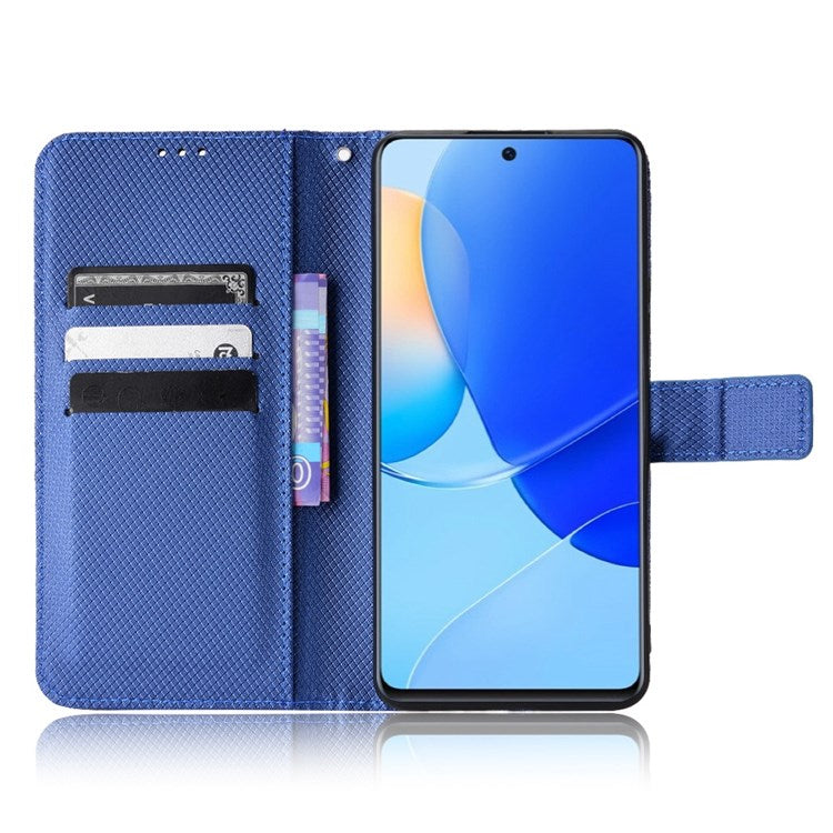 Protective Case for Honor 50 SE/Huawei nova 9 SE, Diamond Texture Stand PU Leather+TPU Double Protection Wallet Shell with Wrist Strap - Blue