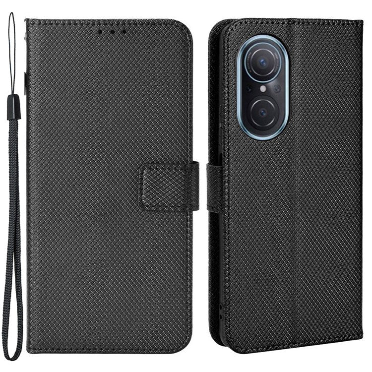 Protective Case for Honor 50 SE/Huawei nova 9 SE, Diamond Texture Stand PU Leather+TPU Double Protection Wallet Shell with Wrist Strap - Black