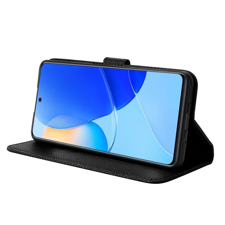 Protective Case for Honor 50 SE/Huawei nova 9 SE, Diamond Texture Stand PU Leather+TPU Double Protection Wallet Shell with Wrist Strap - Black