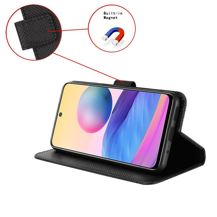 Protective Case for Honor 50 SE/Huawei nova 9 SE, Diamond Texture Stand PU Leather+TPU Double Protection Wallet Shell with Wrist Strap - Black