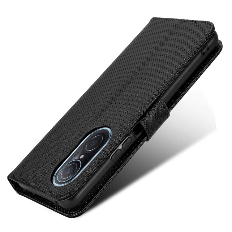 Protective Case for Honor 50 SE/Huawei nova 9 SE, Diamond Texture Stand PU Leather+TPU Double Protection Wallet Shell with Wrist Strap - Black
