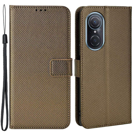 Protective Case for Honor 50 SE/Huawei nova 9 SE, Diamond Texture Stand PU Leather+TPU Double Protection Wallet Shell with Wrist Strap - Brown