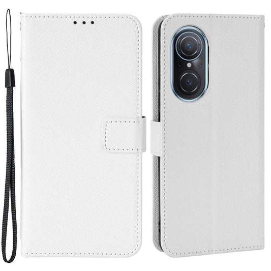 Protective Case for Honor 50 SE/Huawei nova 9 SE, Diamond Texture Stand PU Leather+TPU Double Protection Wallet Shell with Wrist Strap - White
