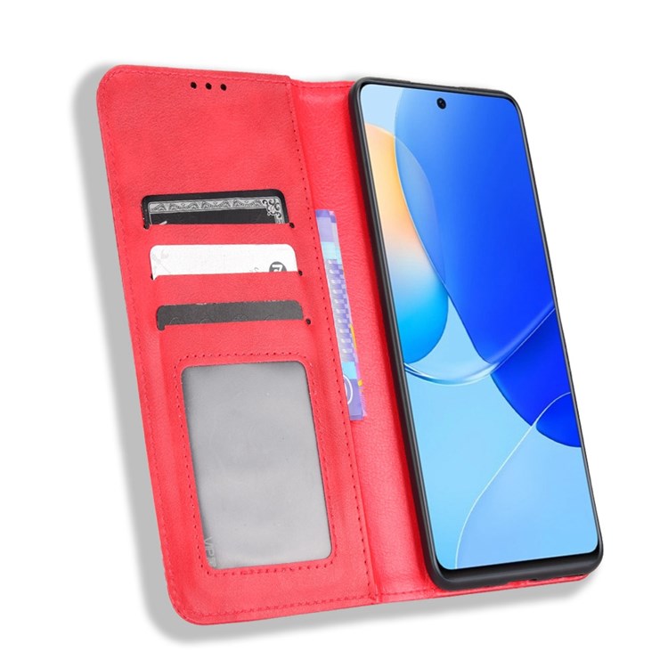 Cell Phone Cover for Honor 50 SE/Huawei nova 9 SE, All-inclusive Protection Auto-Absorbed Retro Surface Wallet Stand Leather Phone Shell - Red