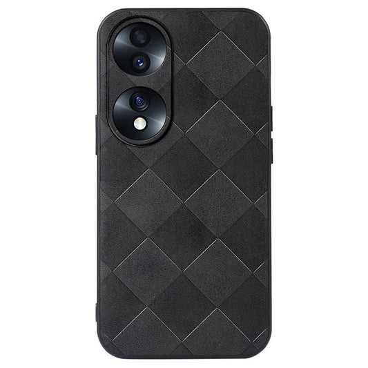 For Honor 70 5G Anti-fall Anti-scratch PU Leather Grid Texture Cell Phone Case Soft TPU Bumper Hard PC Hybrid Protective Shell - Black