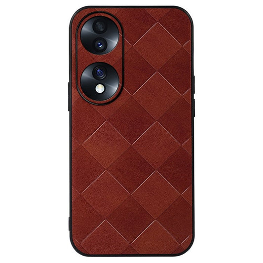 For Honor 70 5G Anti-fall Anti-scratch PU Leather Grid Texture Cell Phone Case Soft TPU Bumper Hard PC Hybrid Protective Shell - Brown