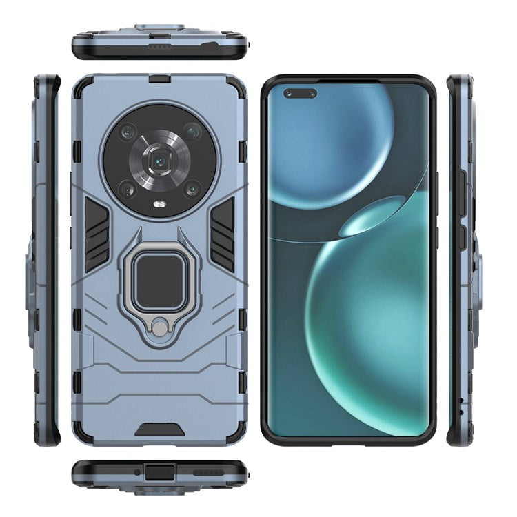 For Honor Magic4 Pro Wear-resistant TPU+PC Phone Case Military Grade Armor Ring Holder Kickstand Back Shell - Blue