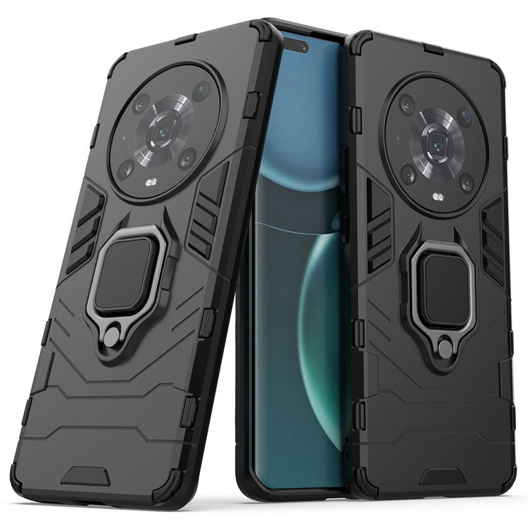 For Honor Magic4 Pro Wear-resistant TPU+PC Phone Case Military Grade Armor Ring Holder Kickstand Back Shell - Black