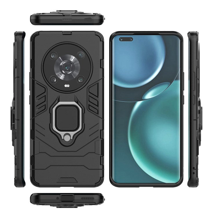 For Honor Magic4 Pro Wear-resistant TPU+PC Phone Case Military Grade Armor Ring Holder Kickstand Back Shell - Black