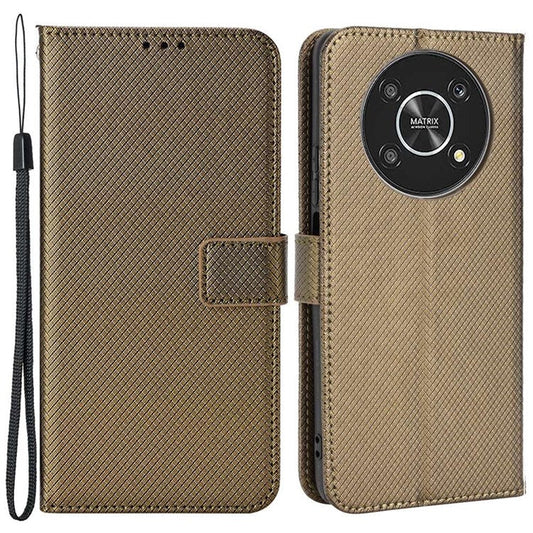 Cell Phone Case for Honor X9 4G/5G/Magic4 Lite 4G/5G/X30 5G Diamond Texture PU Leather+TPU Dual-layer Protection Wallet Phone Cover Case with Strap - Brown