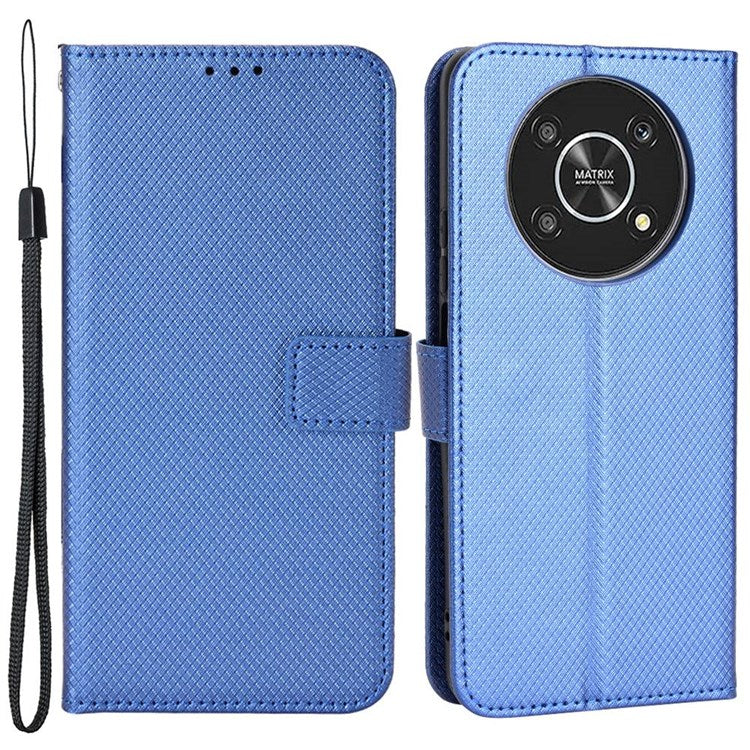 Cell Phone Case for Honor X9 4G/5G/Magic4 Lite 4G/5G/X30 5G Diamond Texture PU Leather+TPU Dual-layer Protection Wallet Phone Cover Case with Strap - Blue