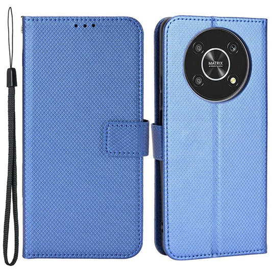 Cell Phone Case for Honor X9 4G/5G/Magic4 Lite 4G/5G/X30 5G Diamond Texture PU Leather+TPU Dual-layer Protection Wallet Phone Cover Case with Strap - Blue