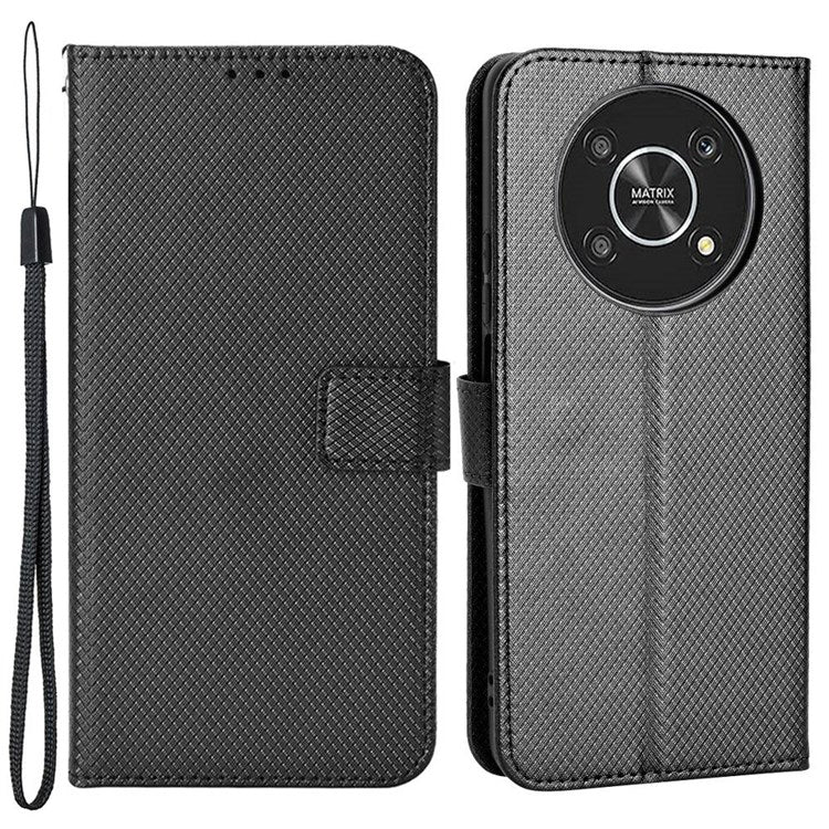 Cell Phone Case for Honor X9 4G/5G/Magic4 Lite 4G/5G/X30 5G Diamond Texture PU Leather+TPU Dual-layer Protection Wallet Phone Cover Case with Strap - Black