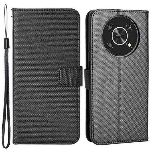 Cell Phone Case for Honor X9 4G/5G/Magic4 Lite 4G/5G/X30 5G Diamond Texture PU Leather+TPU Dual-layer Protection Wallet Phone Cover Case with Strap - Black