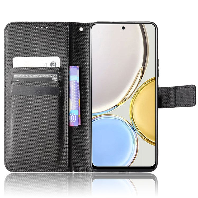 Cell Phone Case for Honor X9 4G/5G/Magic4 Lite 4G/5G/X30 5G Diamond Texture PU Leather+TPU Dual-layer Protection Wallet Phone Cover Case with Strap - Black