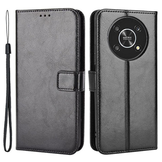 For Honor X9 4G/5G/Magic4 Lite 4G/5G/X30 5G PU Leather Magnetic Case Crazy Horse Texture Inner TPU Anti-Scratch Stand Wallet Cover with Strap - Black