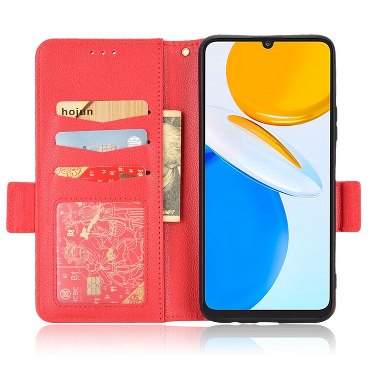 For Honor X7 Litchi Texture Magnetic Closure Wear-resistant Drop-proof Case Leather Stand Wallet Style Cell Phone Shell - Red