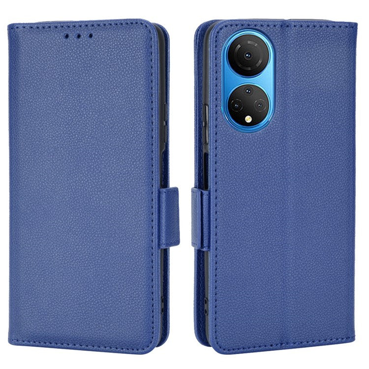 For Honor X7 Litchi Texture Magnetic Closure Wear-resistant Drop-proof Case Leather Stand Wallet Style Cell Phone Shell - Dark Blue