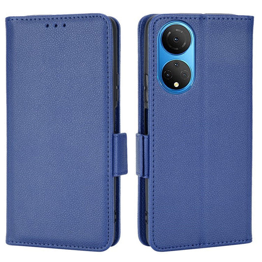 For Honor X7 Litchi Texture Magnetic Closure Wear-resistant Drop-proof Case Leather Stand Wallet Style Cell Phone Shell - Dark Blue