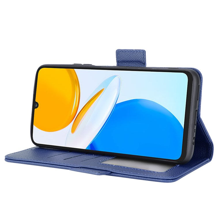 For Honor X7 Litchi Texture Magnetic Closure Wear-resistant Drop-proof Case Leather Stand Wallet Style Cell Phone Shell - Dark Blue