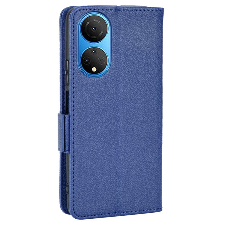For Honor X7 Litchi Texture Magnetic Closure Wear-resistant Drop-proof Case Leather Stand Wallet Style Cell Phone Shell - Dark Blue