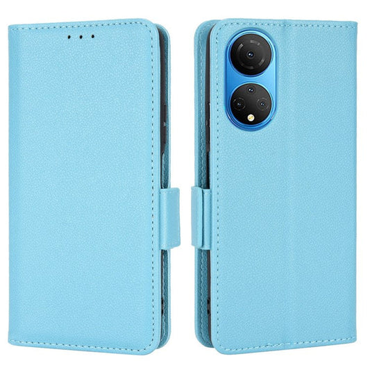 For Honor X7 Litchi Texture Magnetic Closure Wear-resistant Drop-proof Case Leather Stand Wallet Style Cell Phone Shell - Baby Blue