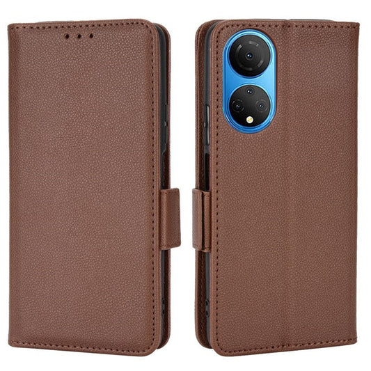 For Honor X7 Litchi Texture Magnetic Closure Wear-resistant Drop-proof Case Leather Stand Wallet Style Cell Phone Shell - Brown